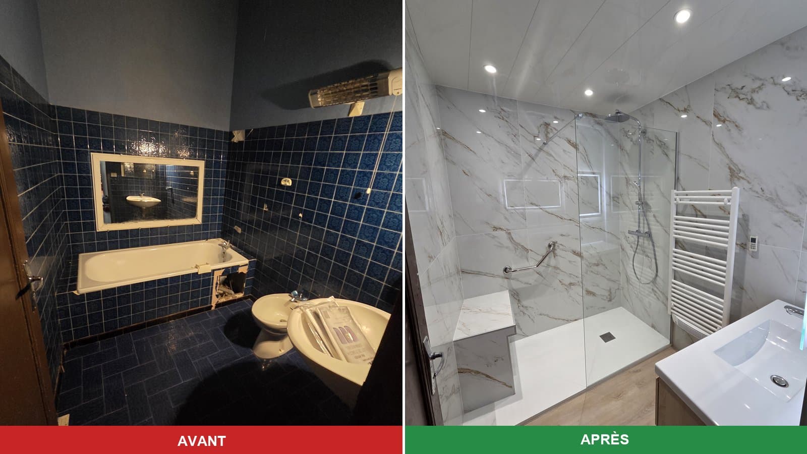 Rénovation salle de bain — du bleu nuit au marbre veiné