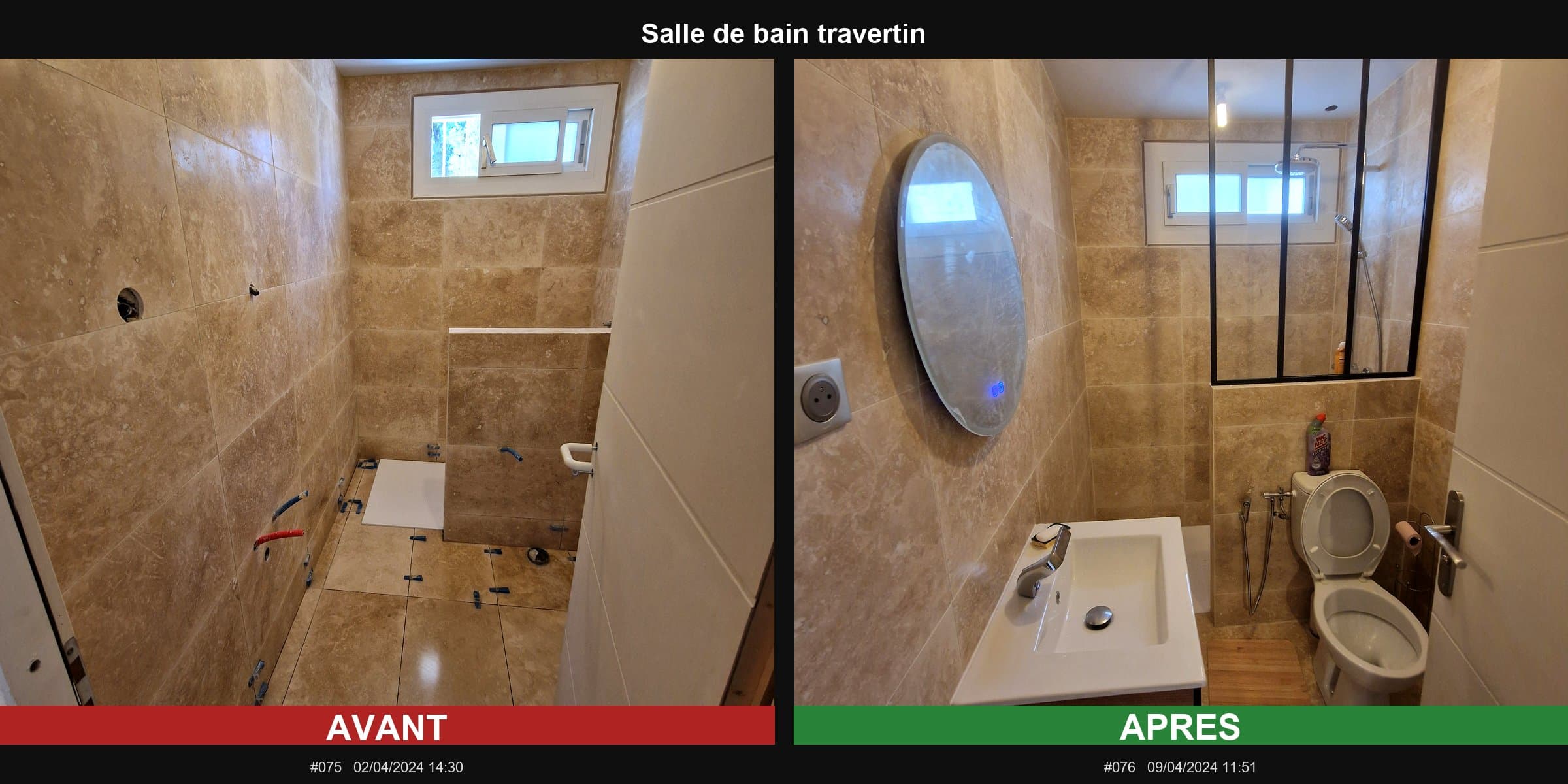 Salle de bain travertin — chantier à finition